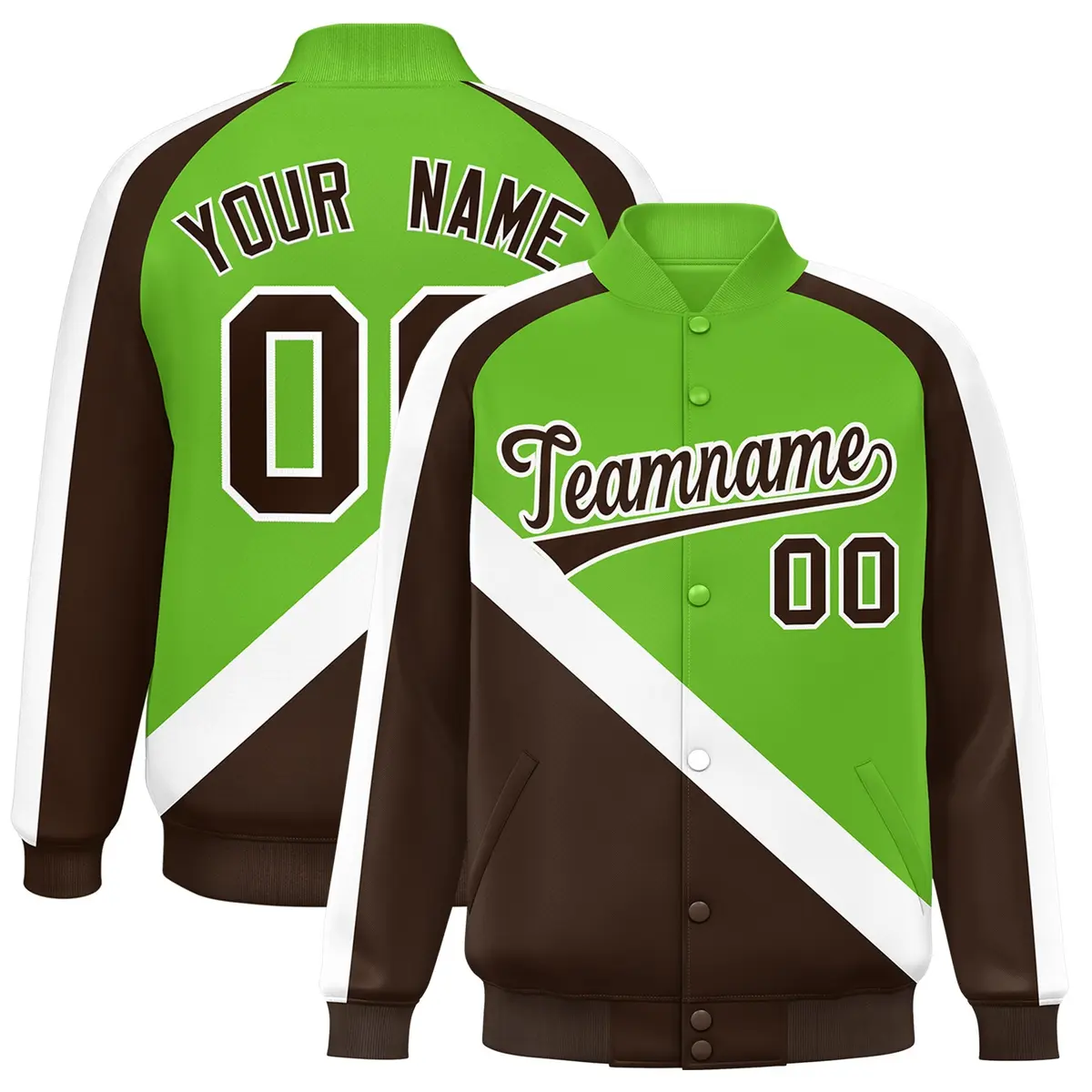 Green Brown Raglan Varsity Full-Snap Letterman Baseball Jacket