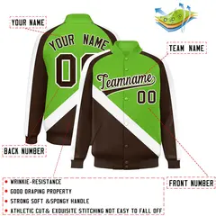 Green Brown Raglan Varsity Full-Snap Letterman Baseball Jacket 2