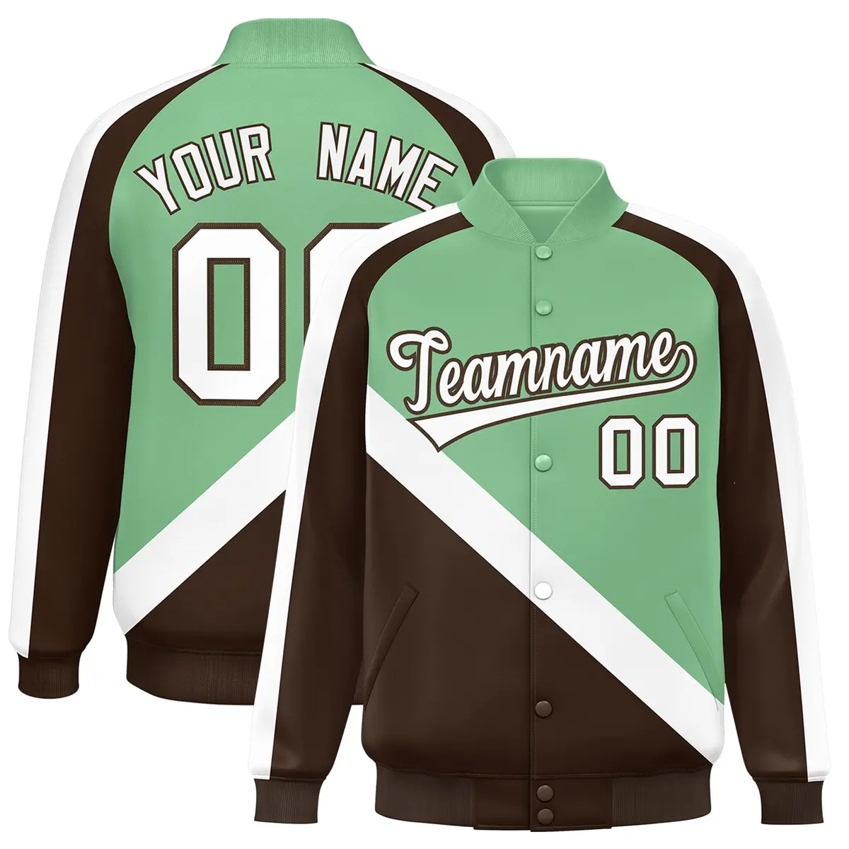 Green Brown Raglan Varsity Full-Snap Letterman Baseball Jacket