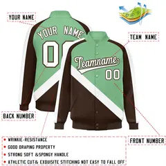 Green Brown Raglan Varsity Full-Snap Letterman Baseball Jacket 2