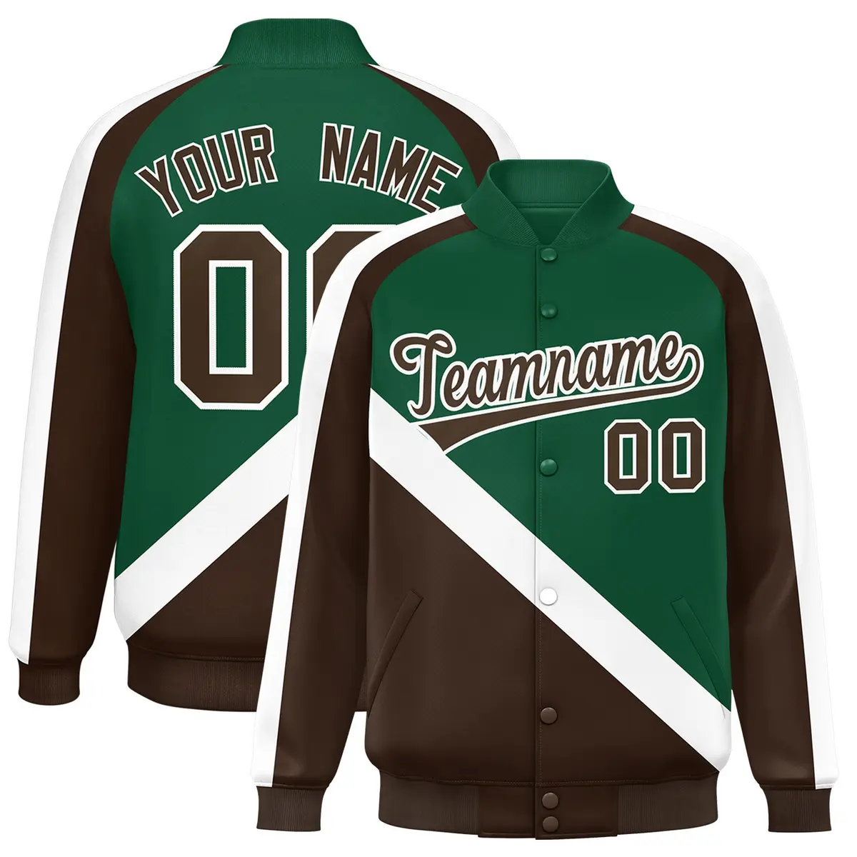 Green Brown Raglan Varsity Full-Snap Letterman Baseball Jacket