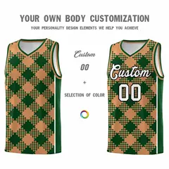 Green Buckskin Brown-White Grid Basketball Kits For Team 3