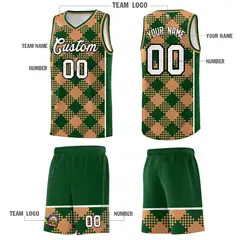 Green Buckskin Brown-White Grid Basketball Kits For Team 5
