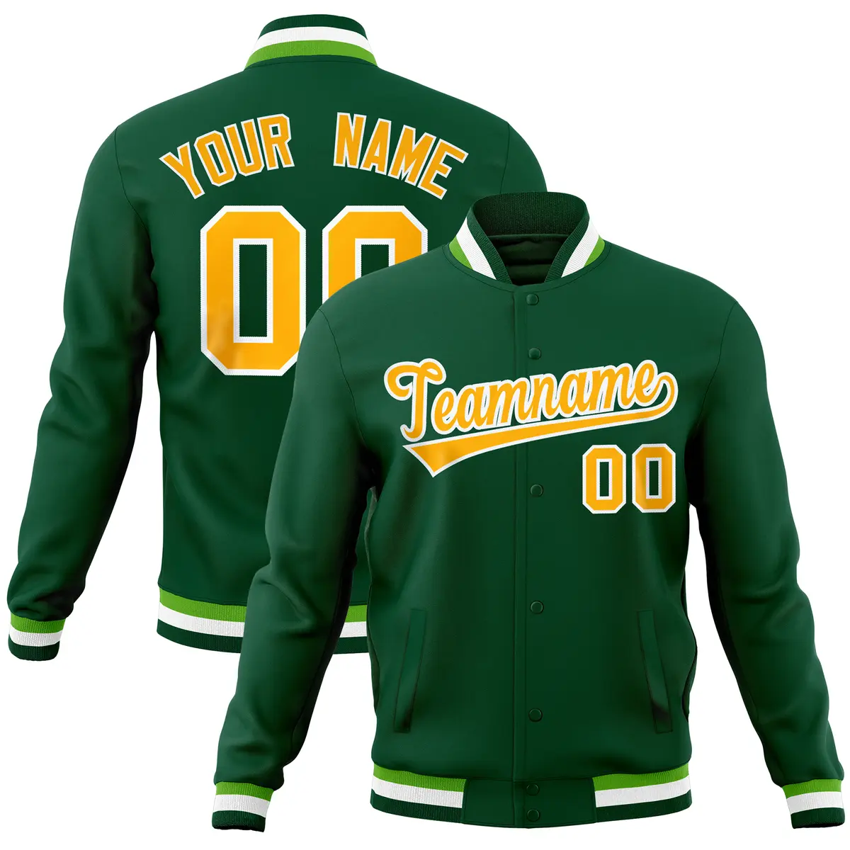 Green Classic Varsity Full-Snap Letterman Baseball Jacket