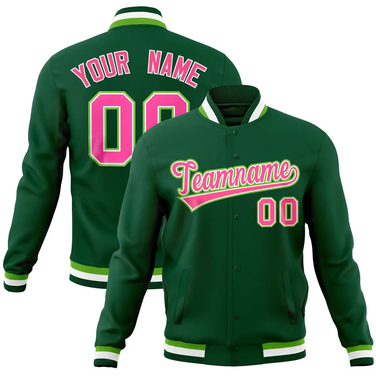 Green Classic Varsity Full-Snap Letterman Baseball Jacket