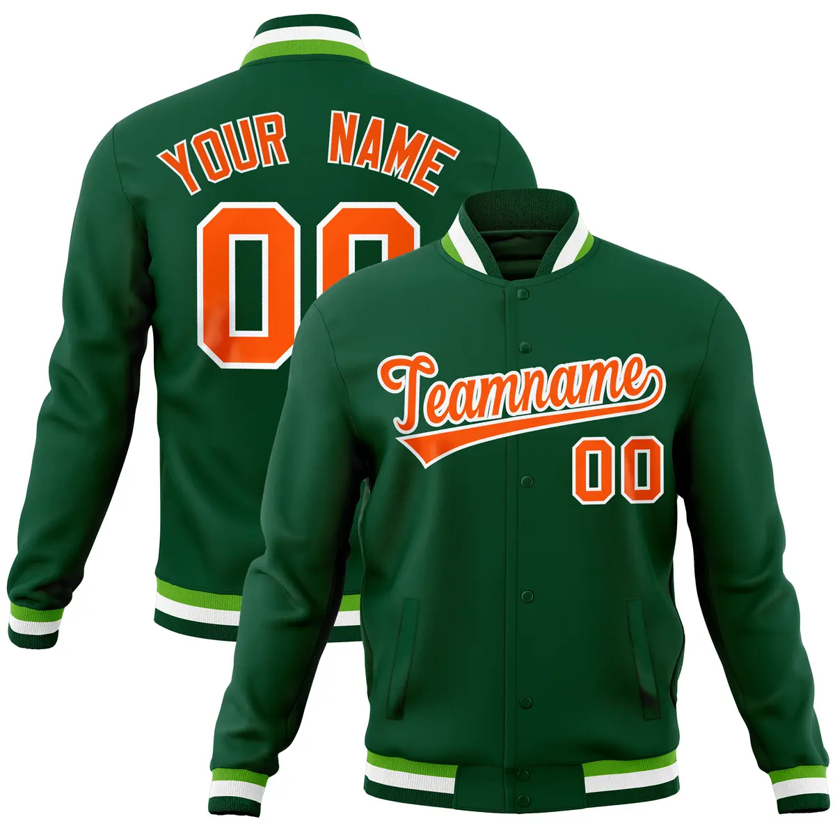 Green Classic Varsity Full-Snap Letterman Baseball Jacket