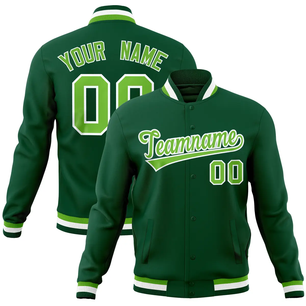 Green Classic Varsity Full-Snap Letterman Baseball Jacket