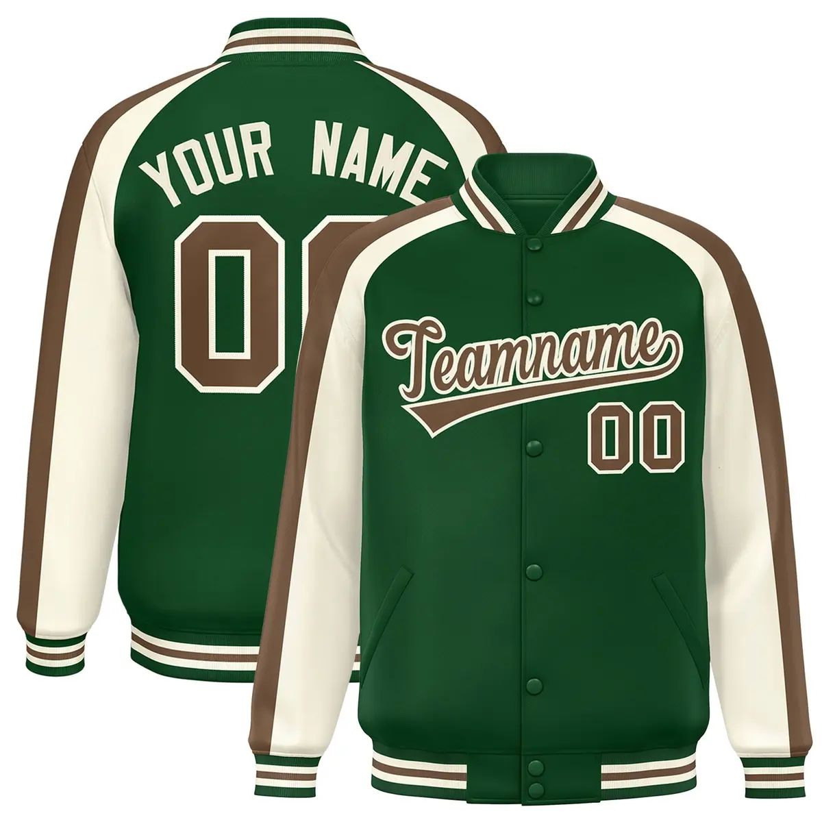 Green Cream Color Block Raglan Varsity Letterman Jacket