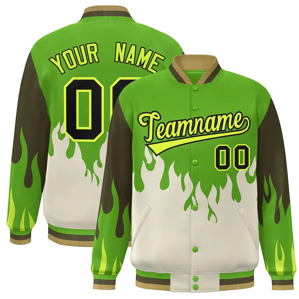 Green Cream Flame Graffiti Varsity Full-Snap Bomber Jacket