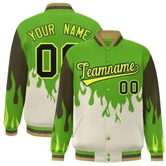 Green Cream Flame Graffiti Varsity Full-Snap Bomber Jacket