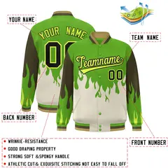 Green Cream Flame Graffiti Varsity Full-Snap Bomber Jacket 2