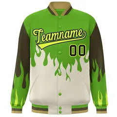 Green Cream Flame Graffiti Varsity Full-Snap Bomber Jacket 3