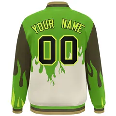 Green Cream Flame Graffiti Varsity Full-Snap Bomber Jacket 4