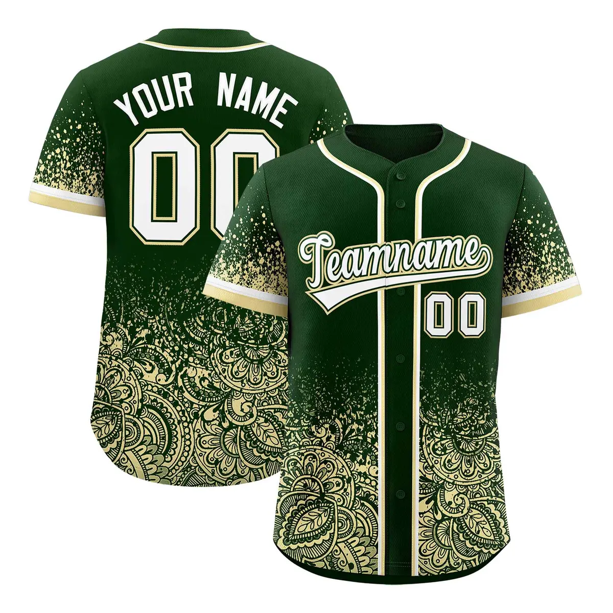 Green Cream Floral Gradient Full Button Baseball Jersey