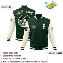 Green Cream Raglan Full-Snap Varsity Letterman Baseball Jacket 4
