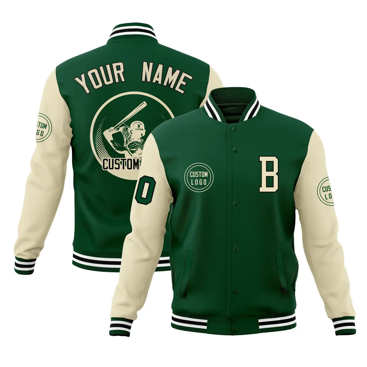 Green Cream Raglan Full-Snap Varsity Letterman Baseball Jacket