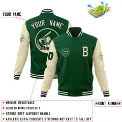 Green Cream Raglan Full-Snap Varsity Letterman Baseball Jacket 4
