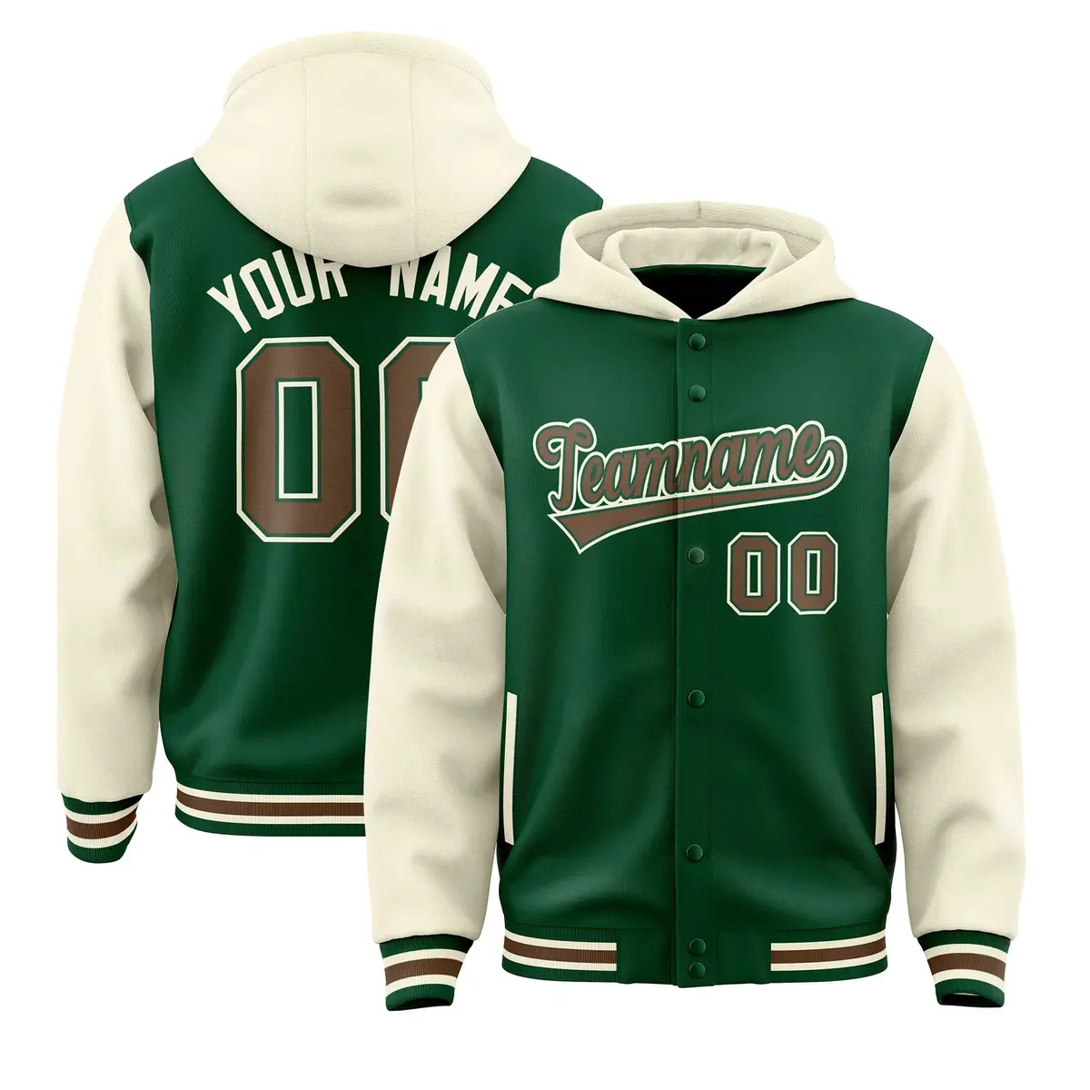 Green Cream Raglan Sleeves Two Tone Varsity Full-Snap Letterman Jacket Hoodie