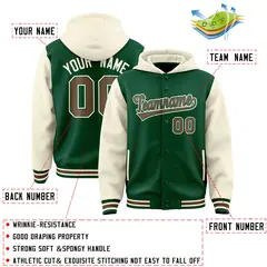 Green Cream Raglan Sleeves Two Tone Varsity Full-Snap Letterman Jacket Hoodie 4