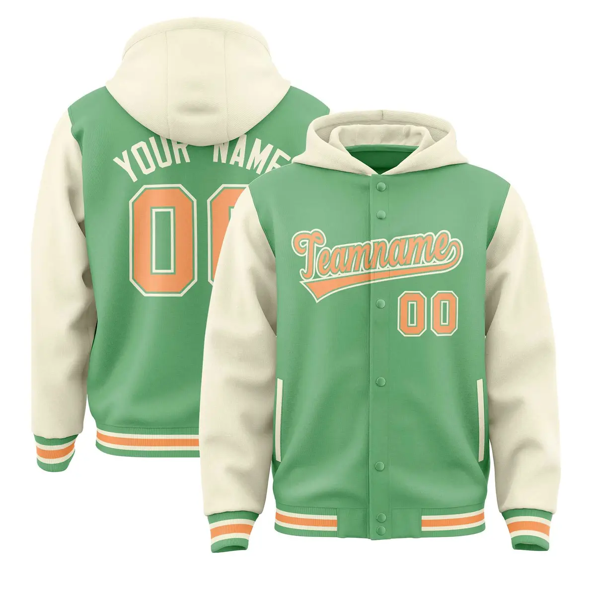 Green Cream Raglan Sleeves Two Tone Varsity Full-Snap Letterman Jacket Hoodie