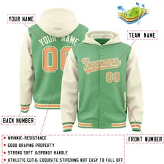 Green Cream Raglan Sleeves Two Tone Varsity Full-Snap Letterman Jacket Hoodie 4