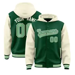 Green Cream Raglan Sleeves Two Tone Varsity Full-Snap Letterman Jacket Hoodie 1