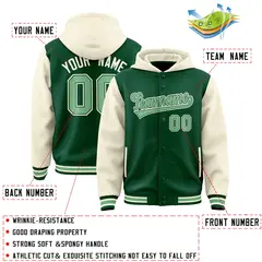 Green Cream Raglan Sleeves Two Tone Varsity Full-Snap Letterman Jacket Hoodie 4