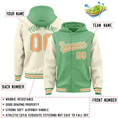 Green Cream Raglan Sleeves Two Tone Varsity Full-Snap Letterman Jacket Hoodie 4