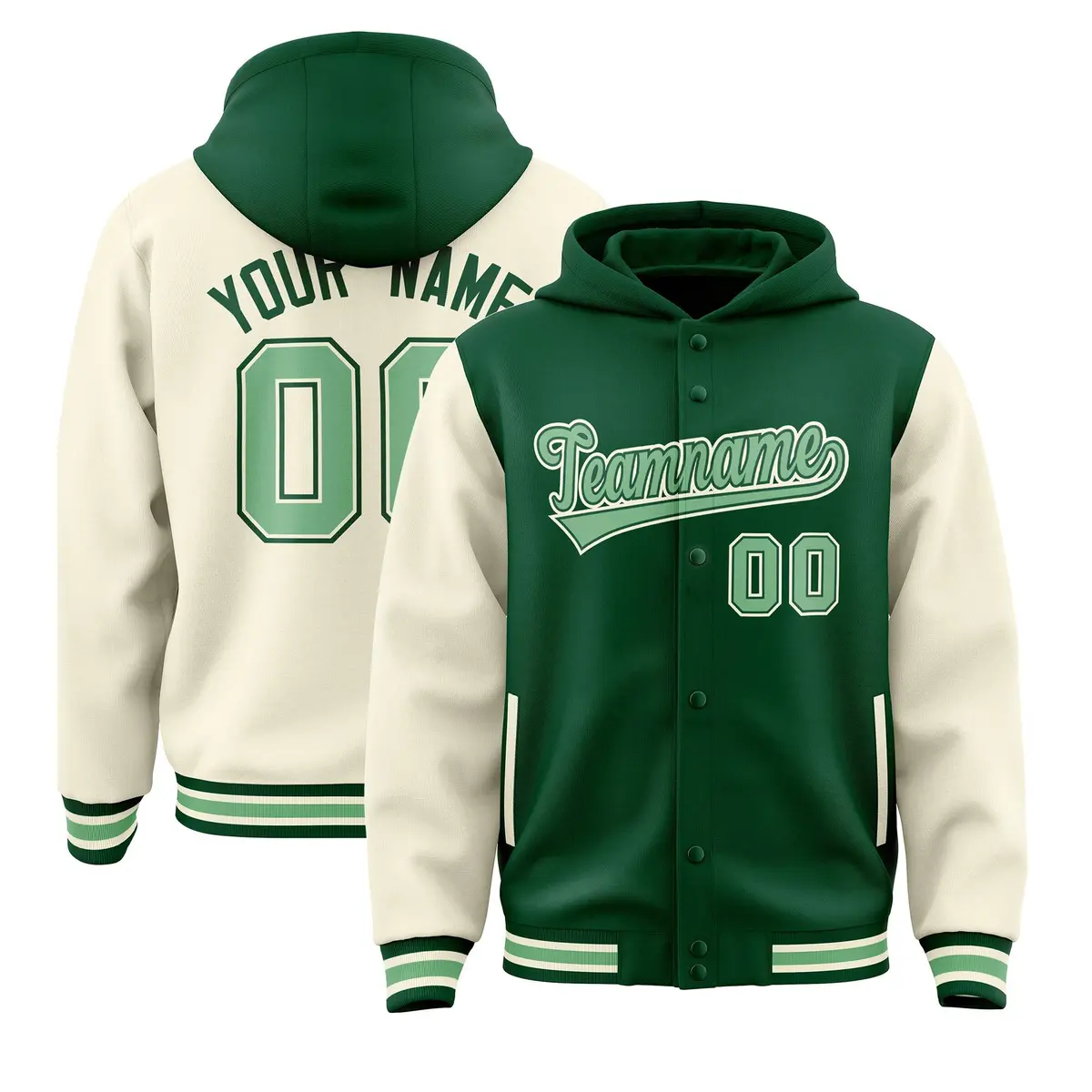 Green Cream Raglan Sleeves Two Tone Varsity Full-Snap Letterman Jacket Hoodie