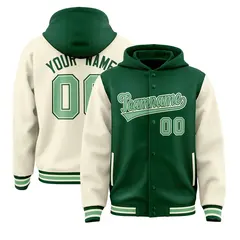 Green Cream Raglan Sleeves Two Tone Varsity Full-Snap Letterman Jacket Hoodie 1