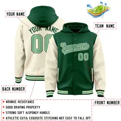 Green Cream Raglan Sleeves Two Tone Varsity Full-Snap Letterman Jacket Hoodie 4