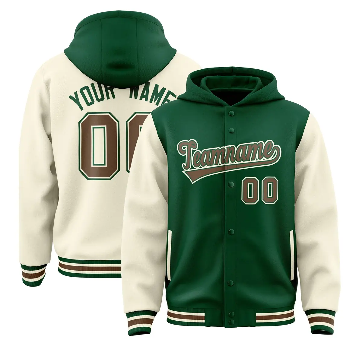 Green Cream Raglan Sleeves Two Tone Varsity Full-Snap Letterman Jacket Hoodie