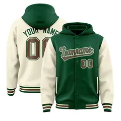 Green Cream Raglan Sleeves Two Tone Varsity Full-Snap Letterman Jacket Hoodie 1
