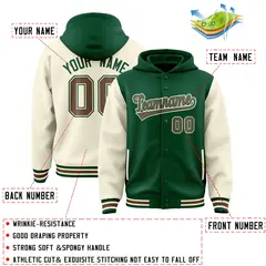 Green Cream Raglan Sleeves Two Tone Varsity Full-Snap Letterman Jacket Hoodie 4