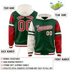 Green Cream-Red Raglan Three Stripes Varsity Letterman Jacket Hoodie 4