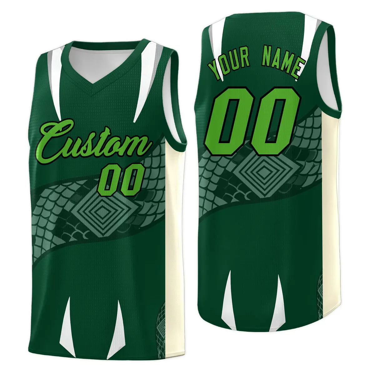Green Cream Snake Scale Venomous Fang Graffiti Basketball Jersey