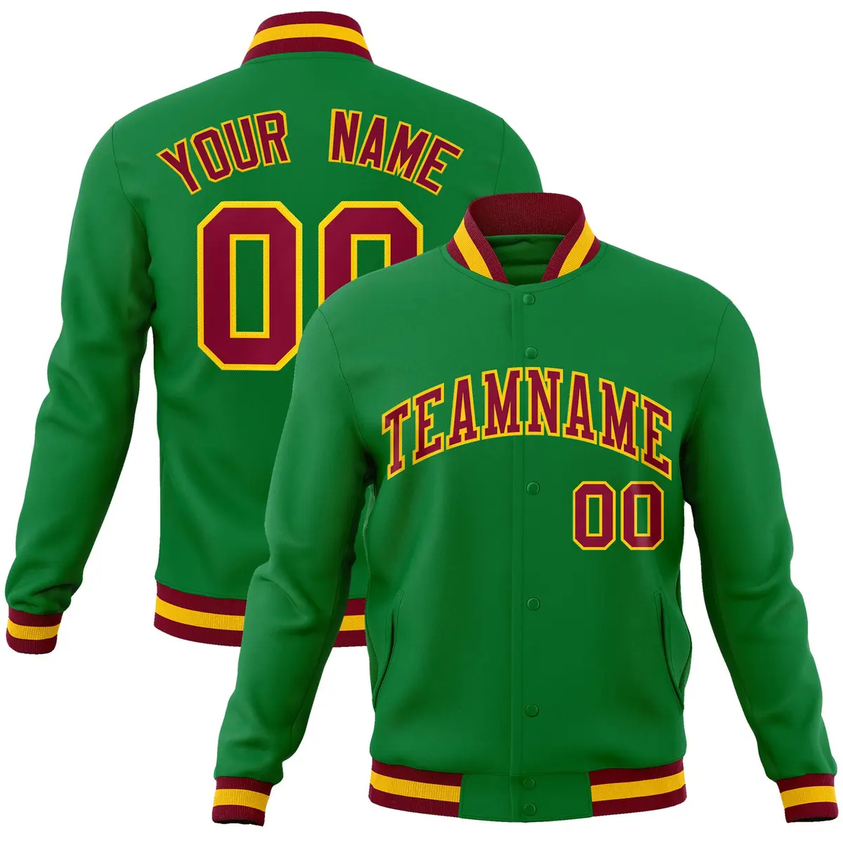 Green Crimson-Gold Varsity Full-Snap Letterman Jacket