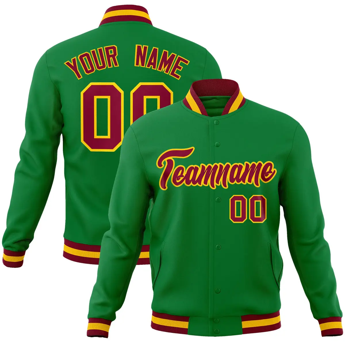 Green Crimson-Gold Varsity Full-Snap Letterman Jacket