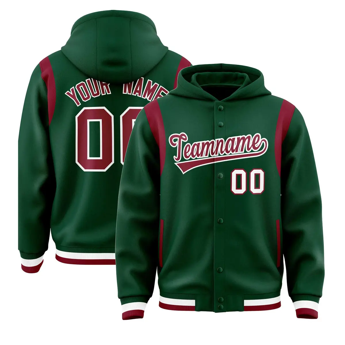 Green Crimson Shoulder Color Block Varsity Letterman Jacket Hoodie