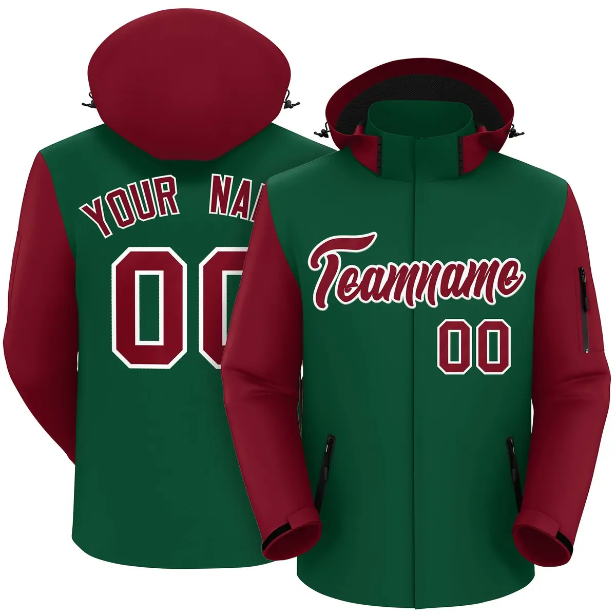 Green Crimson-White Raglan Sleeves Waterproof Jacket