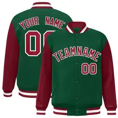 Green Crimson-White Raglan Varsity Full-Snap Letterman Jacket 1