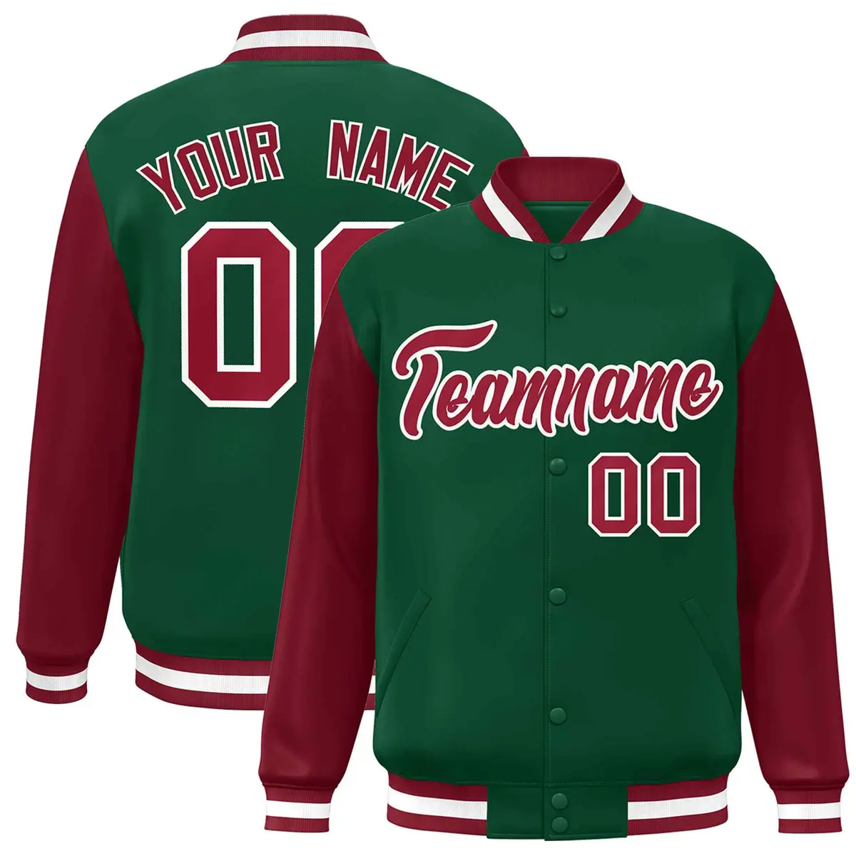 Green Crimson-White Raglan Varsity Full-Snap Letterman Jacket