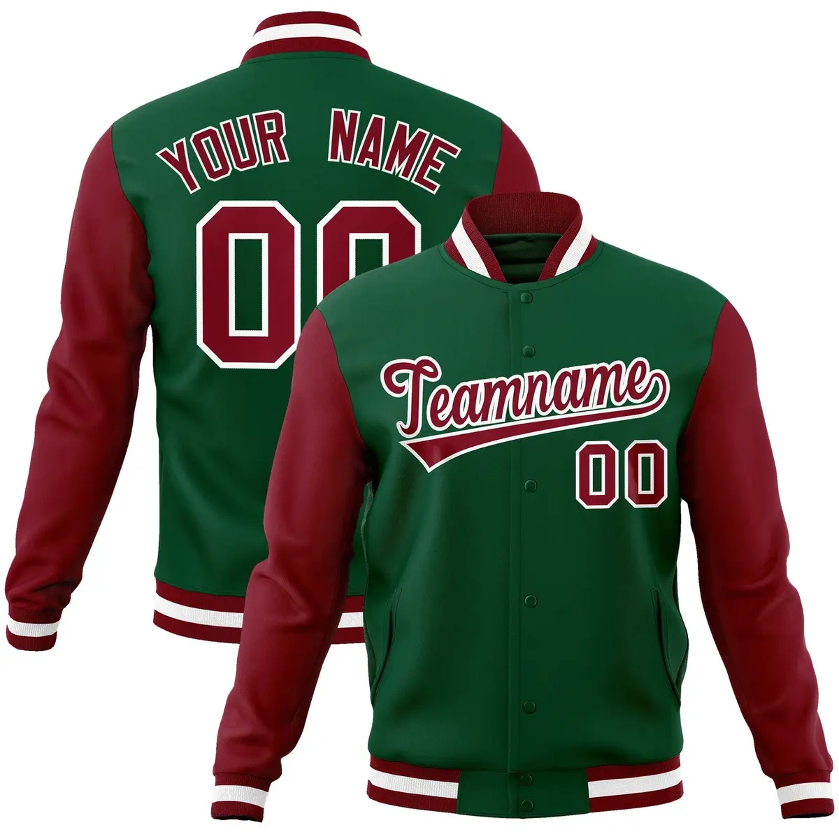 Green Crimson-White Raglan Varsity Full-Snap Letterman Jacket