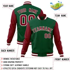 Green Crimson-White Raglan Varsity Full-Snap Letterman Jacket 4