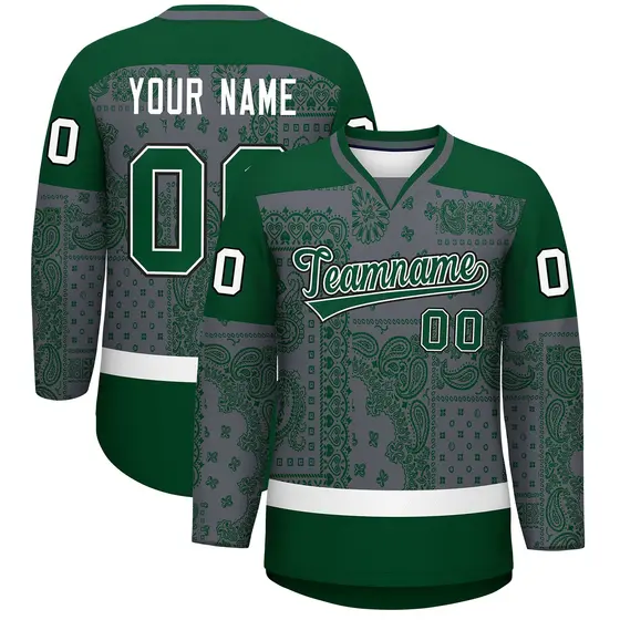 Green Dark Gray White Cashew Flower Graffiti V-Neck Hockey Jersey