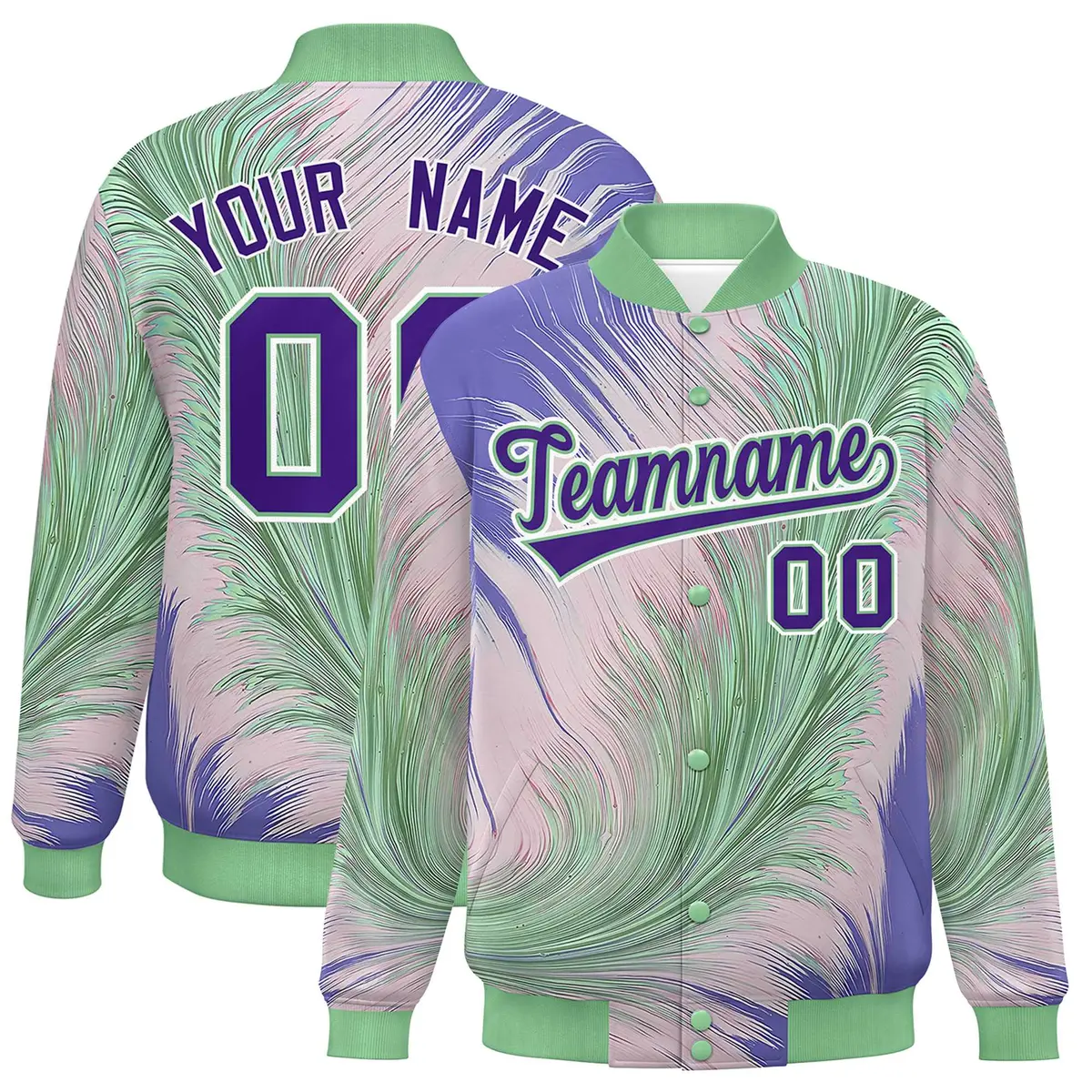 Green Feather Fluid Pattern Varsity Letterman Jacket