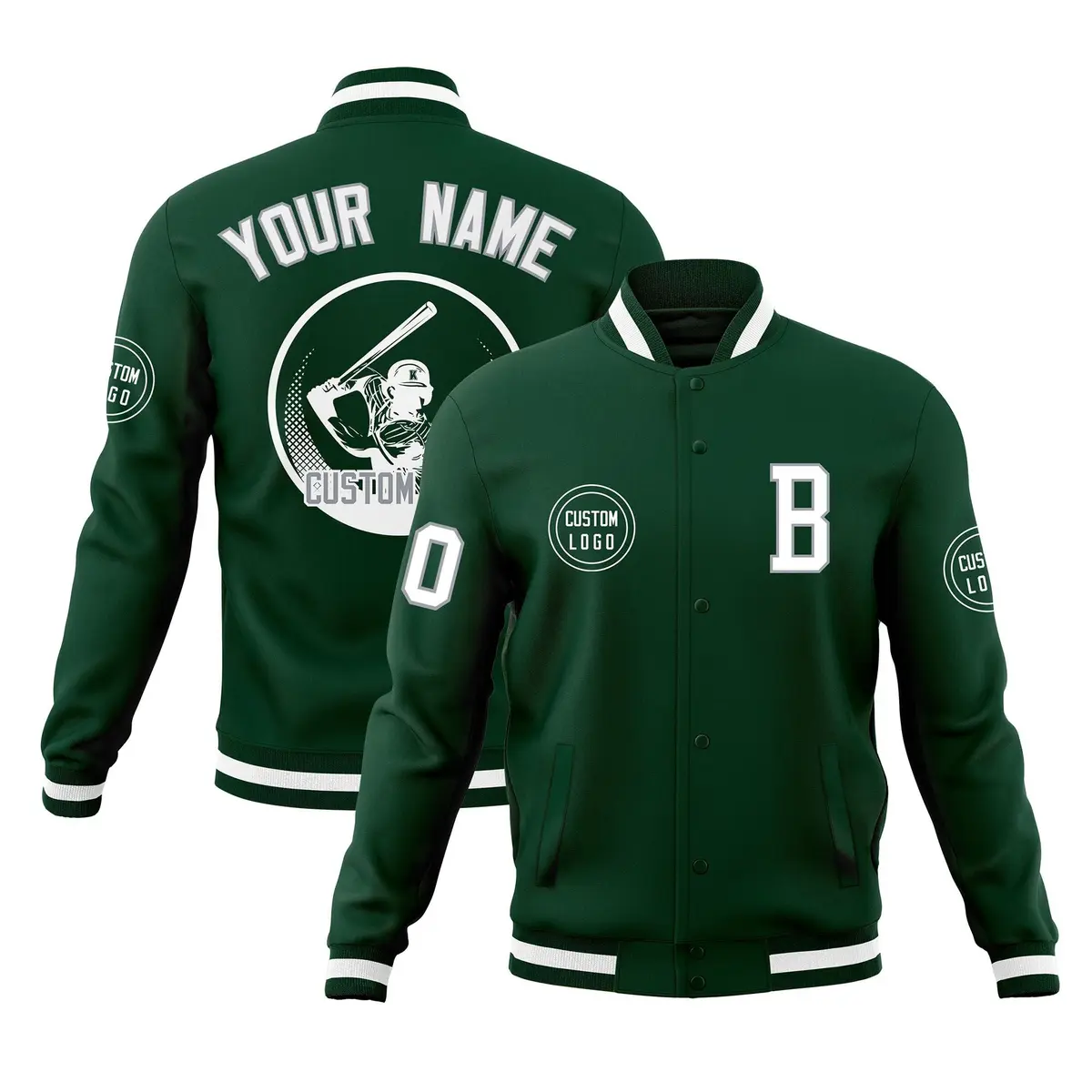 Green Full-Snap Varsity Letterman Baseball Jacket