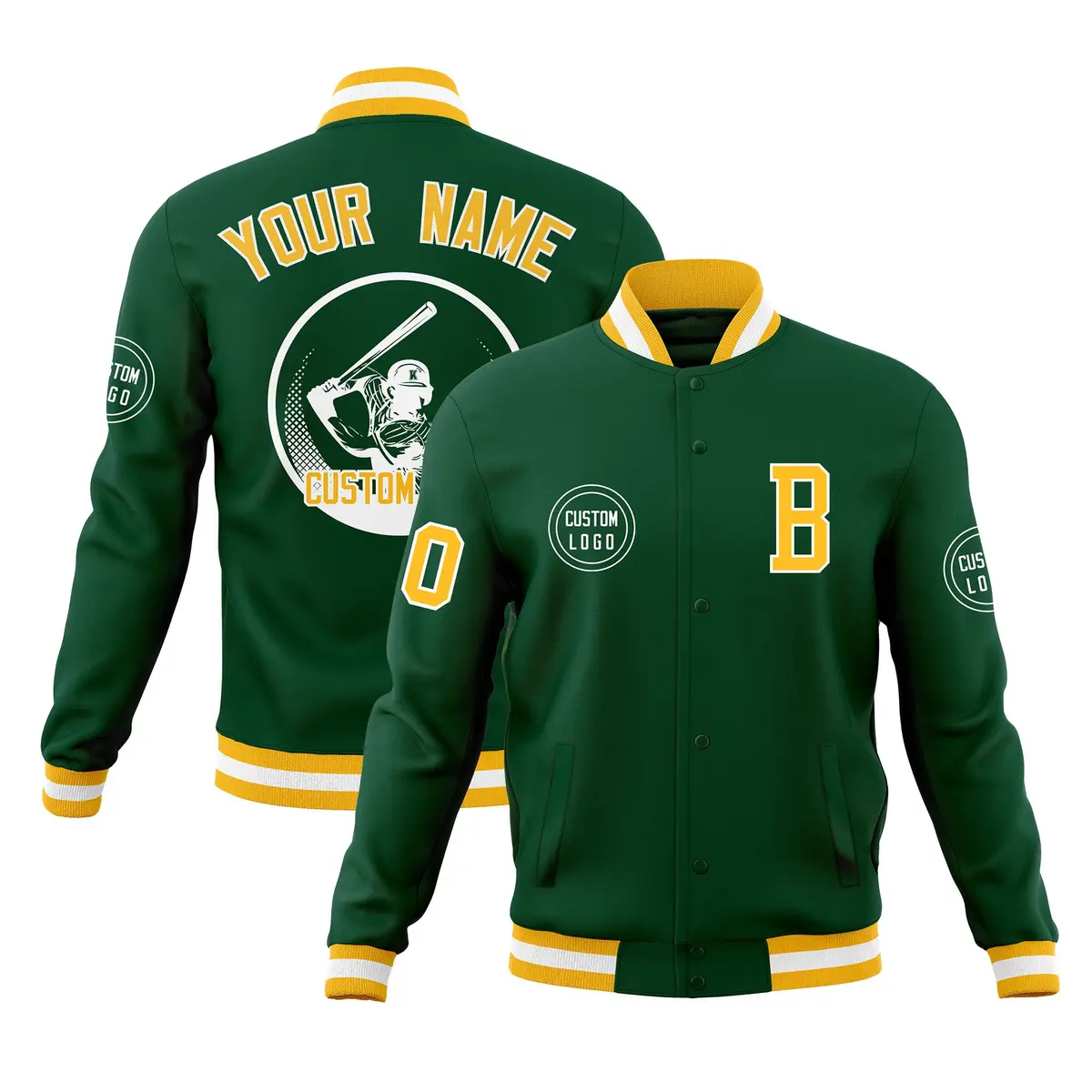 Green Full-Snap Varsity Letterman Baseball Jacket