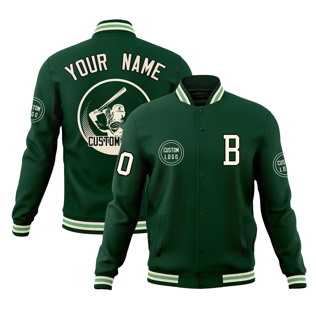 Green Full-Snap Varsity Letterman Baseball Jacket