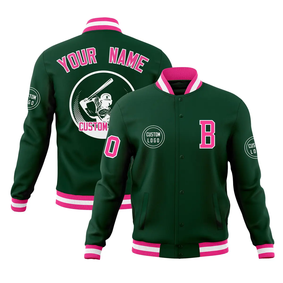Green Full-Snap Varsity Letterman Baseball Jacket